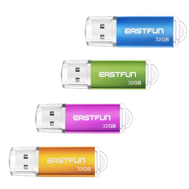 EASTFUN 32GB USB 2.0 Flash Drive Memory Stick Thumb Drive, 4 Pack (4x32GB) Colors (Gold Purple Blue Green) - Image 1